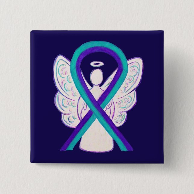 Lila och målmedvetenhet Ribbon Angel Button Pin Knapp (Framsida)