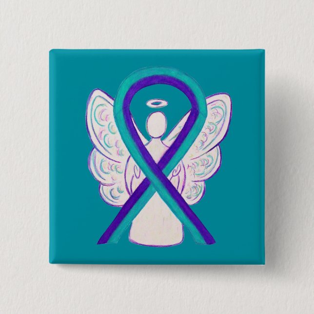 Lila och målmedvetenhet Ribbon Angel Button Pin Knapp (Framsida)