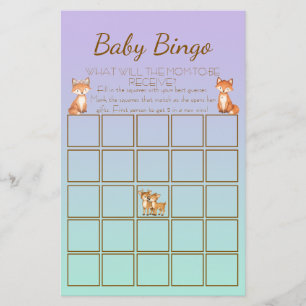 Lila och mint skogs djur baby shower Bingo