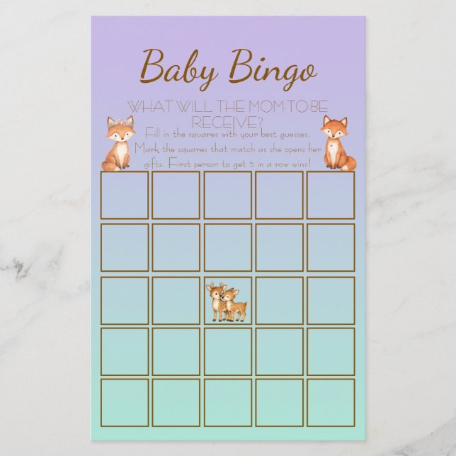 Lila och mint skogs djur baby shower Bingo (Framsida)
