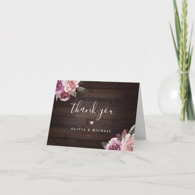 Lila och mullbär blommig rustik trä bröllop tack kort (Framsida)