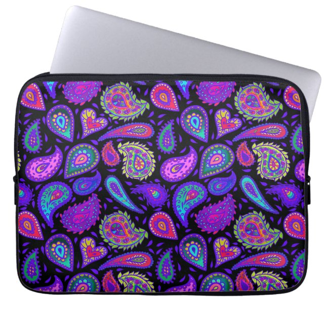 Lila och Multifärgad Paisley på Black Benice Laptop Fodral (Framsidan)