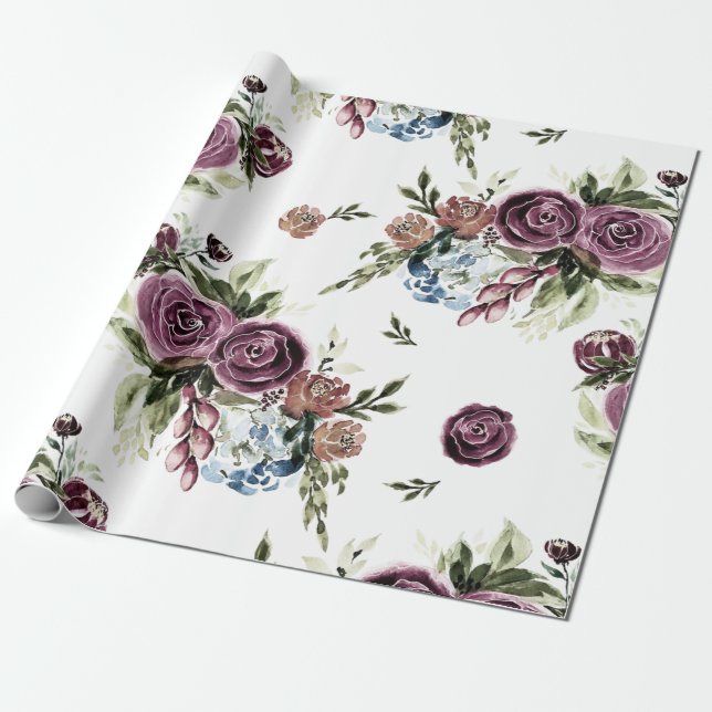 Lila och Oliv Vintage Blommig Inpackningspapper Presentpapper (Utrullad)