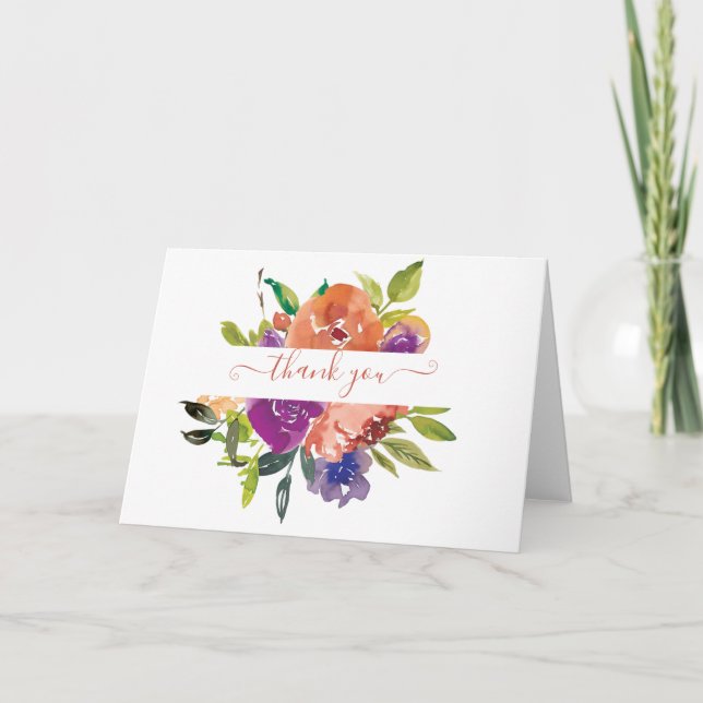 Lila och orange akvarellblomma personlig  tack kort (Framsida)