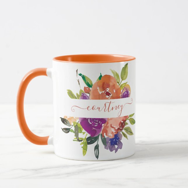 Lila och orange akvarellblommig personlig mugg (Vänster)