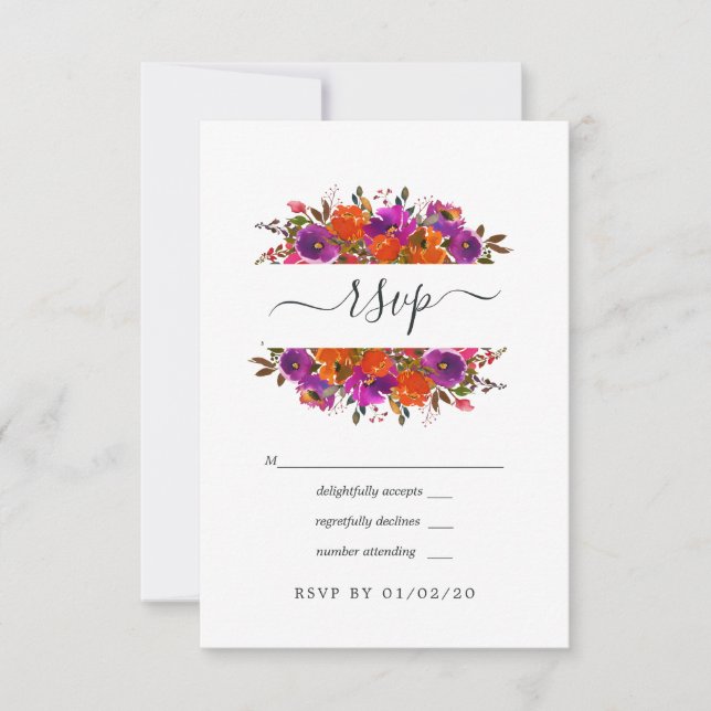 Lila och Orange Blommigt Bröllop OSA Kort (Framsida)