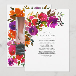 Lila och Orange Blommigt Firande of Life Photo Inbjudningar
