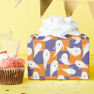 Lila och Orange Checkerboard Spöken Halloween Presentpapper