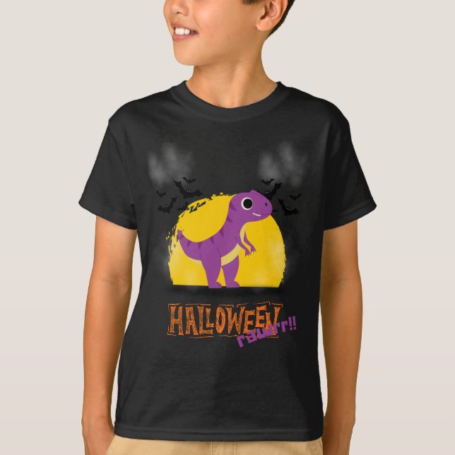 Lila och Orange Dinosaur Hunt i Halloween-natten T Shirt (Framsida)