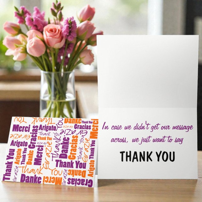 Lila och Orange flerspråkig Tack Kort (Orange & purple multilingual thank you typography greetin card cover and template text inside.)