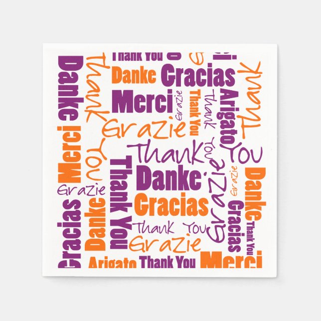Lila och Orange Flerspråkig Tack Pappersservett (Framsidan)
