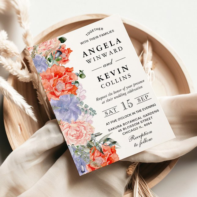 Lila och Orange Flowers Bröllop Inbjudningar (Skapare uppladdad)