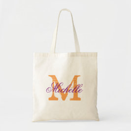 Lila och orange i monogram bröllop tote bags tygkasse