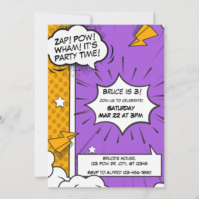 Lila och Orange Tecknad Födelsedagsinbjudan Inbjudningar (Framsida)