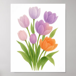 Lila och Orange Tulpaner Målning Blommig Väggkonst