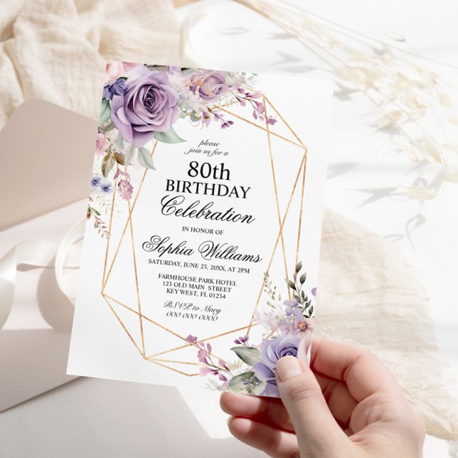 Lila och  Ro Blommor 80 födelsedagar Inbjudningar (Skapare uppladdad)