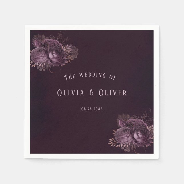 Lila och Ro Guld Peony Blommigt Bröllop Pappersservett (Framsidan)