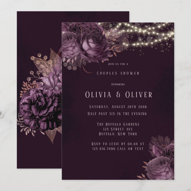 Lila och Ro Peony Par Shower Inbjudningar (Fram/baksida)