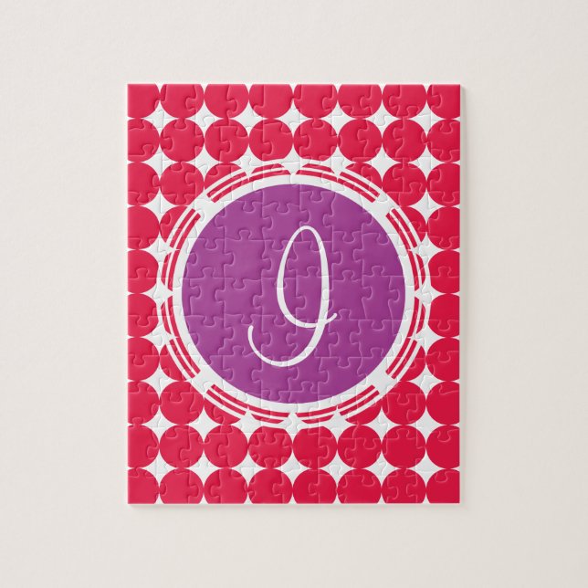 Lila och röd polka - punktmonogram pussel (Vertikal)