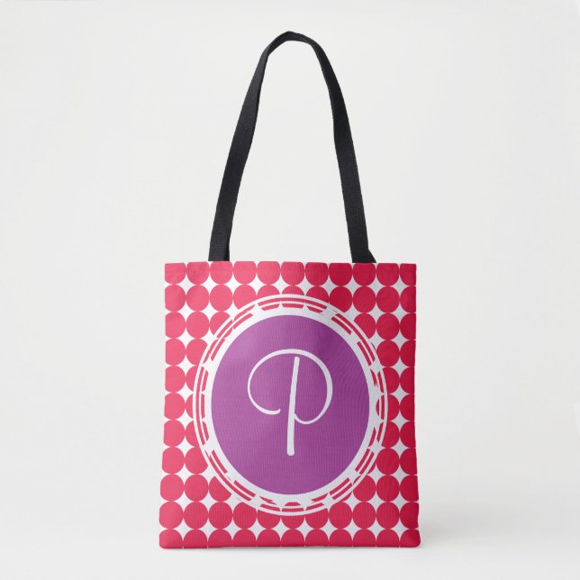 Lila och röd polka - punktmonogram tygkasse (Framsida)