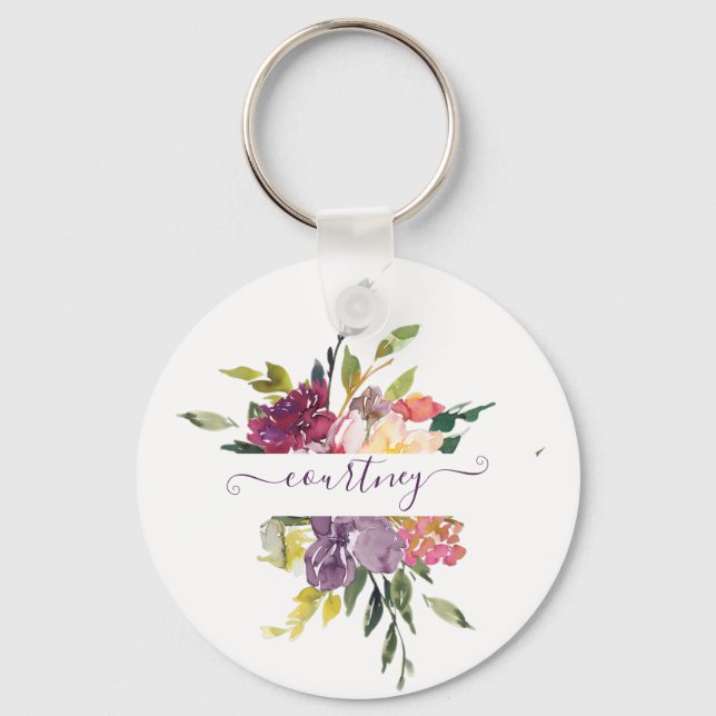 Lila och röda akvarellblommor anpassade  nyckelring (Framsida)