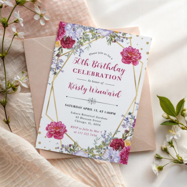 Lila och Röda Sommarblommor 50-års Födelsedag Inbjudningar (Skapare uppladdad)