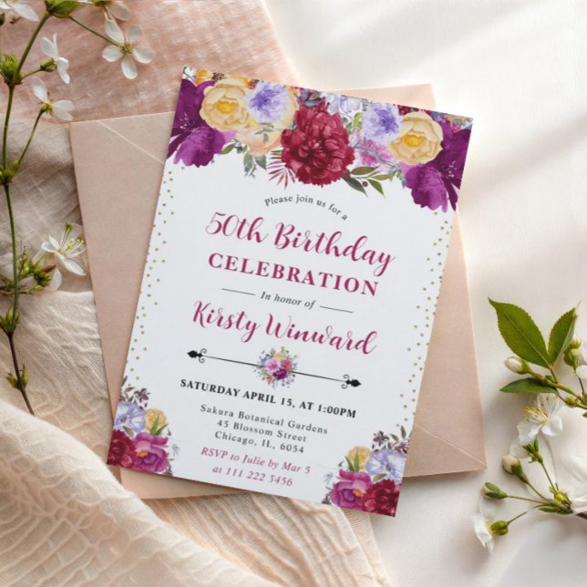 Lila och Röda Sommarblommor 50-årsdag Inbjudningar (Skapare uppladdad)