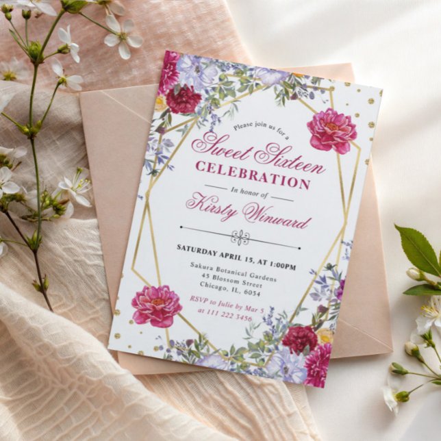 Lila och röda sommärblommor Guld ram Sweet 16 Inbjudningar (Skapare uppladdad)