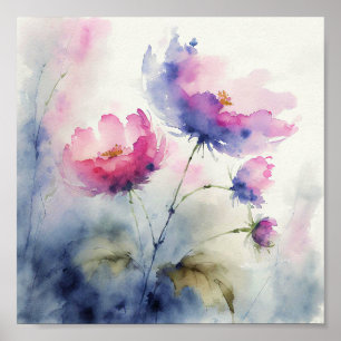 Lila och rosa akvarell blommor konst poster