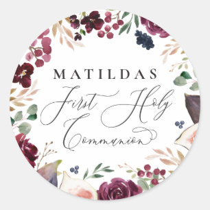 Lila och rosa akvarell blomsterlig helig kommunion runt klistermärke