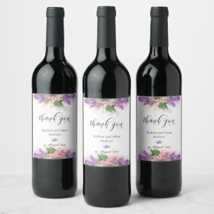 Lila och rosa akvarell syrenblommor tack vinflaska etikett