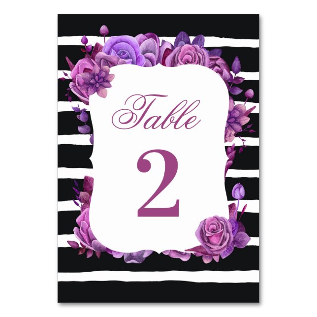 Lila och rosa blommande bröllop. Svarta ränder Bordsnummer (Framsidan)