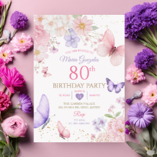 Lila och Rosa Blommig Fjäril 80-årsdag Inbjudningar