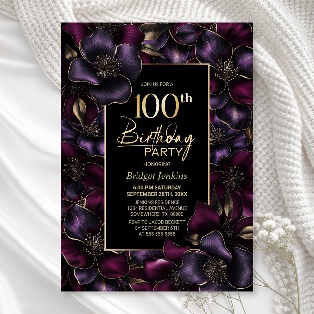 Lila och Rosa Blommigt 100:e Födelsedagsfesten Inbjudningar (Skapare uppladdad)
