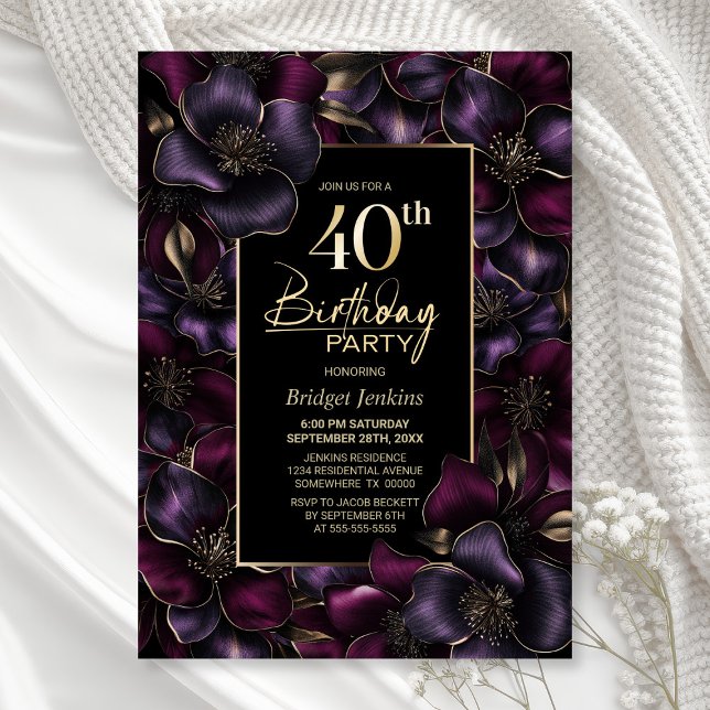 Lila och Rosa Blommigt 40:e födelsedag Party Inbjudningar (Skapare uppladdad)
