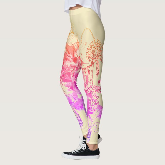 Lila och Rosa Blommigt  Abstrakt Leggings (Vänster)
