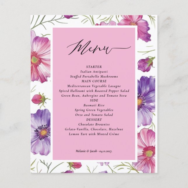 Lila och Rosa Blommigt Bröllop Menu Flyer (Framsidan)
