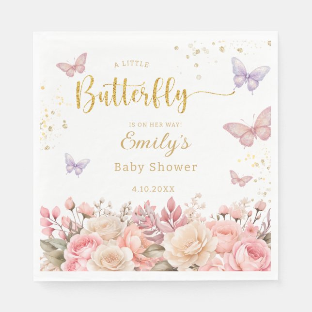 Lila och rosa Blommigt Butterfly Girl Baby Shower Pappersservett (Framsidan)