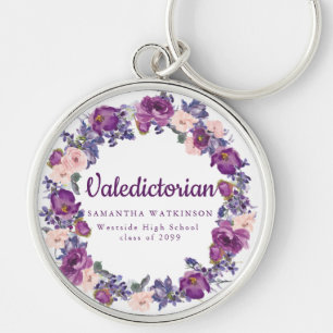 Lila och Rosa Blommigt Valediktorian Studenten Gif Rund Silverfärgad Nyckelring