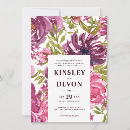 Lila och Rosa Blommigt Vattenfärg Modern Bröllop Inbjudningar