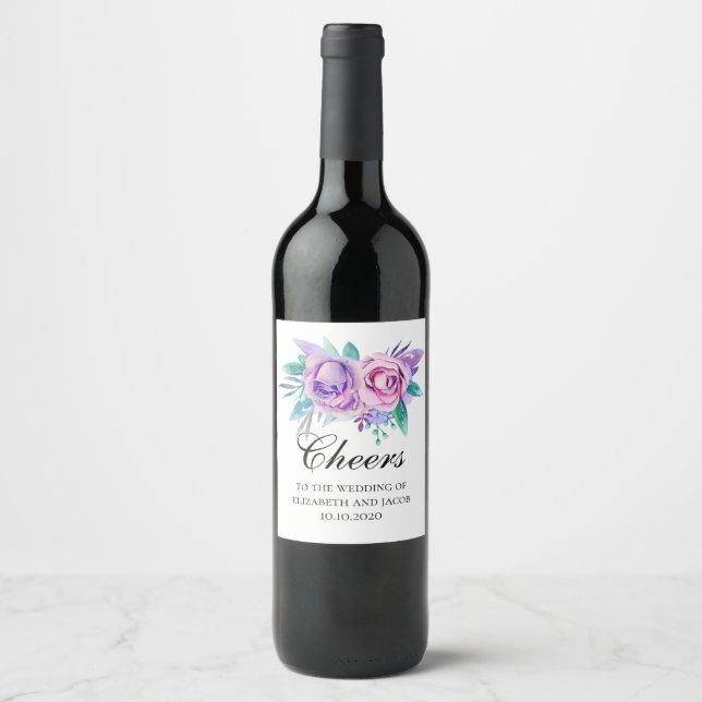 Lila och rosa blommor. Blommig bröllops cheer Vinflaska Etikett (Framsida)