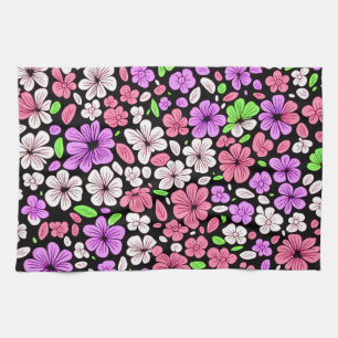 Lila och rosa blommor och kronbladsmönster svart kökshandduk