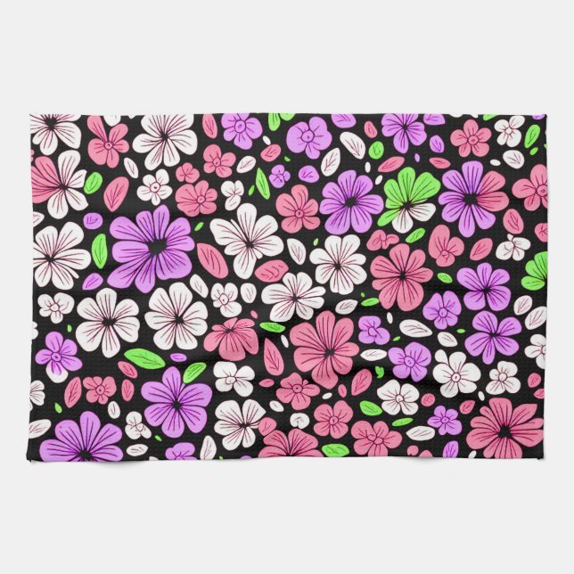 Lila och rosa blommor och kronbladsmönster svart kökshandduk (Horisontell)