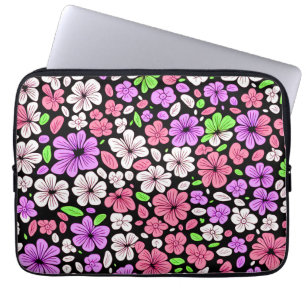 Lila och rosa blommor och kronbladsmönster svart laptop fodral