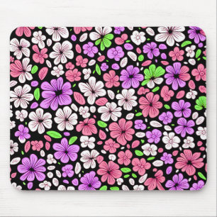 Lila och rosa blommor och kronbladsmönster svart musmatta