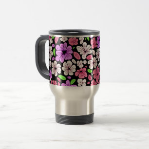Lila och rosa blommor och kronbladsmönster svart resemugg