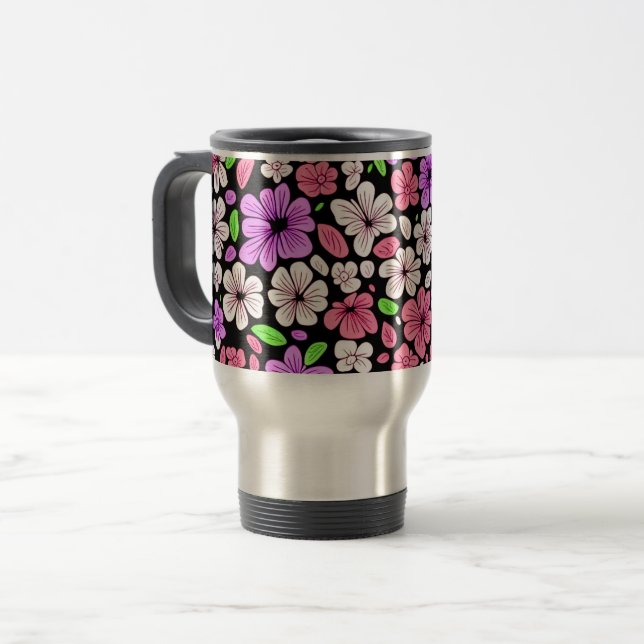 Lila och rosa blommor och kronbladsmönster svart resemugg (Framsida vänster)