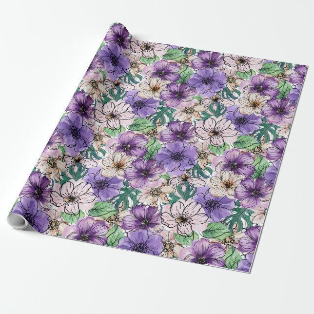 Lila och rosa blommor   presentpapper (Utrullad)