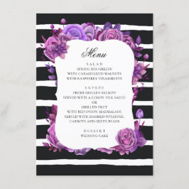 Lila och rosa blommor. Svart strimlad bröllop Meny