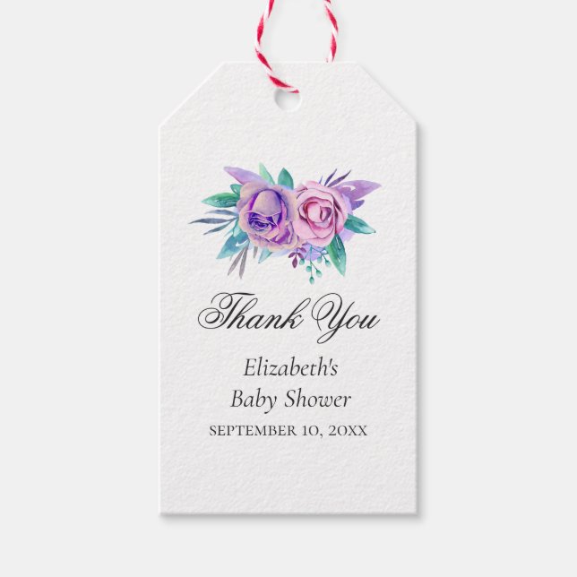 Lila och rosa blommor. Tack för babyduschen Presentetikett (Framsidan)